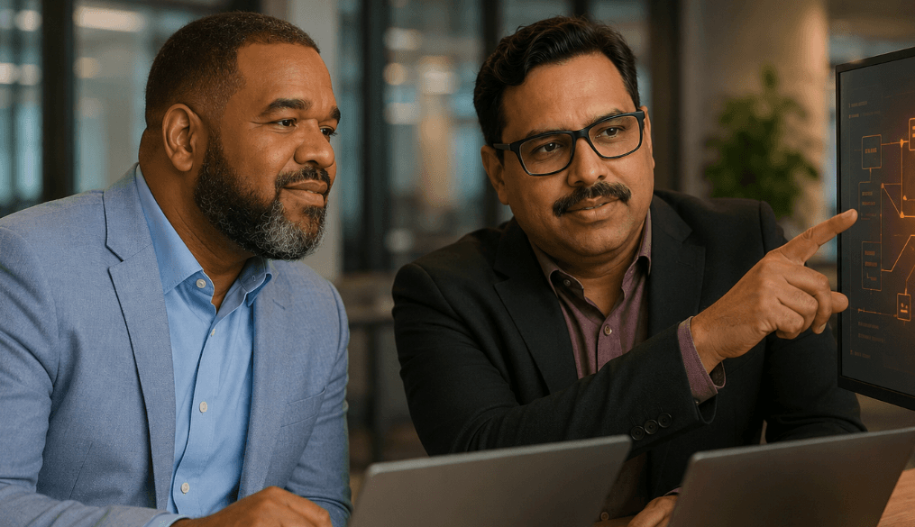 Gerard (AG) Harris and Vishnu Tej reviewing a multi-agent architecture diagram